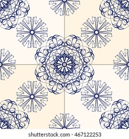 Blue Tile Vector. Seamless Tiles Pattern with Indigo Ornaments. Illustration. Modern Azulejos.