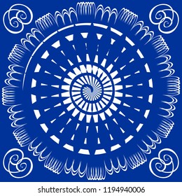 Blue tile with white circle spiral decor