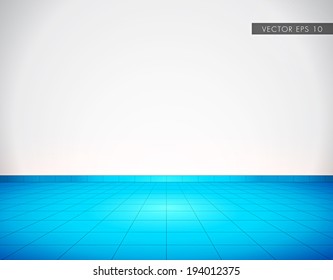 Blue tiled glossy floor with white wall - beautiful vector background