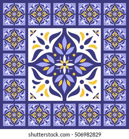 Blue blue tiles floor - vintage pattern vector with ceramic cement tiles. Big tile in center is framed in small. Background with portuguese azulejo, mexican talavera, spanish, italian motifs.