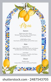 Blue tiles and lemon citrus menu card template. Summer Italian wedding food selection card. Mediterranean themed Amalfi coast citrus bridal shower menu. Capri bridal menu. Vector Illustration.