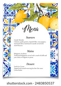 Blue tiles and lemon wedding menu card template. Mediterranean wedding citrus decor. Amalfi coast food selection card printable template. Themed Amalfi coast party decoration. Vector illustration.