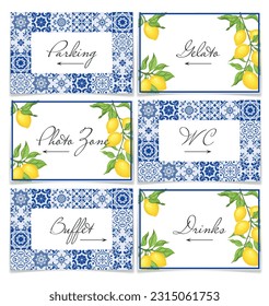 Blue tiles and lemon wedding signposts, Mediterranean bridal shower road signs, Lemon direction pointer signs. Themed Amalfi coast party decoration. Vector illustration.