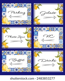 Blue tiles and lemon wedding signposts, Mediterranean bridal shower road signs, Lemon direction pointer signs. Themed Amalfi coast party decoration. Vector illustration.