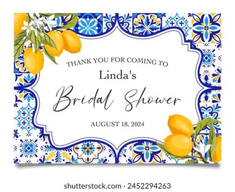 Tarjeta de agradecimiento de la ducha nupcial de azulejos azules y limones. Lemon Positano Bridal Shower. Mediterránea, Portuguesa Italiana Azulejos. Plantilla del Partido Talavera. Ilustración vectorial.