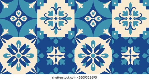 Blue tiles Mediterranean seamless pattern. Victorian royal ornament. Abstract geometric floral background, banner, cover, flyer. Italian, Portuguese, Moroccan mosaic. Damask. Vector illustration.