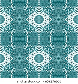 Blue tiles with seamless pattern. Vector illustration. Drawing by hand