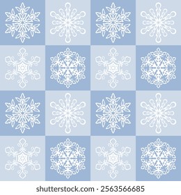 Blue tiles with snowflakes seamless pattern design. Background with snow elements. Geometric repetitive illustration. Winter wallpaper art. Digital paper.