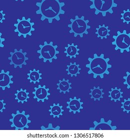Blue Time Management icon isolated seamless pattern on blue background. Clock and gear sign. Vector Illustration