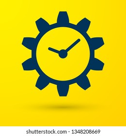 Blue Time Management icon isolated on yellow background. Clock and gear sign. Vector Illustration