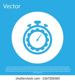 Blue Time Management icon isolated on blue background. Clock and gear sign. Productivity symbol. White circle button. Vector Illustration