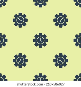 Icono de Administración de tiempo azul aislado patrón transparente en fondo amarillo. Señal de reloj y marcha. Símbolo de productividad.  Vector