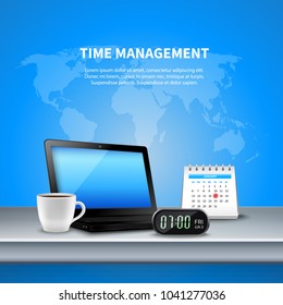 Blue time management realistic composition the workplace is equipped with digital clock and planning vector illustration