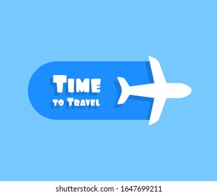 blue time to travel banner with plane. concept of white airplane with wing and aviation poster sign. flat outline style trend modern simple transport logotype graphic minimal color design element