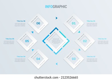 Vector de diseño infográfico de línea de tiempo azul. 6 pasos, diseño de flujo de trabajo cuadrado. Plantilla de línea de tiempo de infografía vectorial.