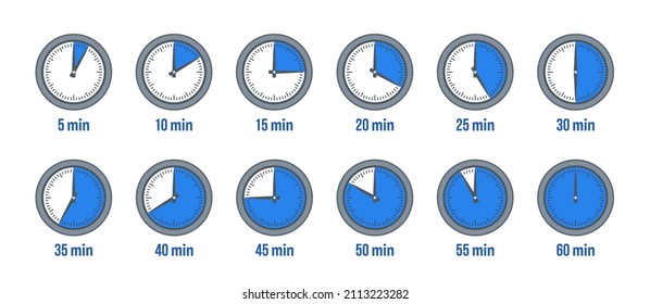 Blue Timer clock, stopwatch icon set. Label preparation time or cooking time 5 minute to 1 hours. Vector illustration isolated on white background