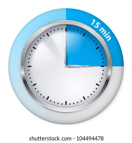 Blue Timer Icon. Fifteen Minutes. Illustration on white.