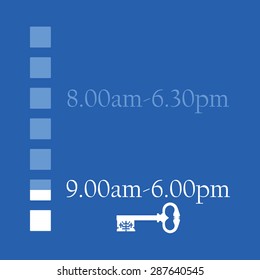 Blue timetable with shop working hours from monday to sunday vector illustration. Opening hours. Old key symbolize closed