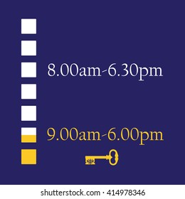 Blue timetable with shop working hours from monday to sunday vector illustration. Opening hours. Old key symbolize closed