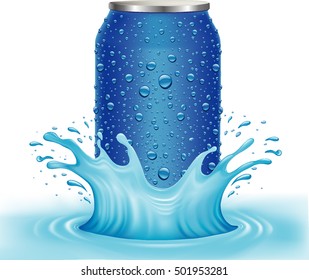 blue tin, can with water drops standing in water
