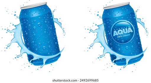 Blue Tin with many water drops and splash, template design package