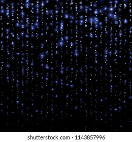 Blue tinsel threads lines of particles with shimmering light blurs. Glitter , curtain backdrop of sparkling sequins. EPS 10