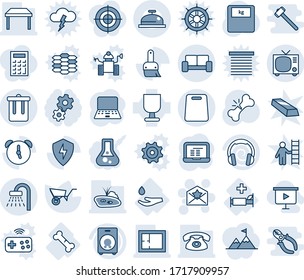 Blue tint and shade editable vector line icon set - trash bin vector, shower, tv, vip waiting area, star letter, notebook pc, wheelbarrow, scales, broken bone, hospital bed, drop hand, fragile, pond