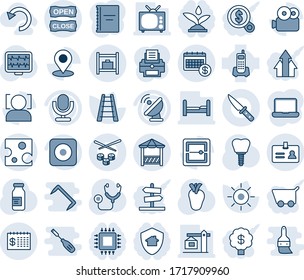 Blue tint and shade editable vector line icon set - identity vector, baggage room, ladder, sun, monitor pulse, stethoscope, ampoule, real heart, implant, office phone, satellite antenna, microphone