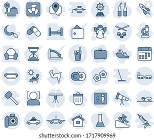 Blue tint and shade editable vector line icon set - alarm car vector, luggage scales, elevator, baggage truck, plane, angel, gear, sickle, ampoule, lab, pills, power hand, mobile tracking, camera