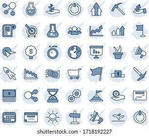 Blue tint and shade editable vector line icon set - departure vector, seedling, flag, alarm led, target, group, arrow up graph, gear, palm sproute, motivation, rocket, earth, growth, crisis, cart