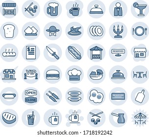 Pieza azul y sombra editable conjunto de íconos vectoriales - vector café, té, tenedor de cuchara de plato, café, camarero, sombrero de cocinero, reservado, recepción, cóctel, bar de fitto, cerveza, ensalada, platos, pan, velas, alcoba