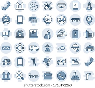 Blue tint and shade editable vector line icon set - runway vector, taxi, airport bus, 24 around, phone, reception, hours, baby room, baggage truck, mobile, ambulance car, office, client, search