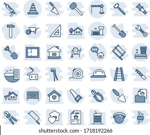 Blue tint and shade editable vector line icon set - barrier vector, airport building, fenced area, road cone, trowel, shovel, ladder, wheelbarrow, saw, house, with garage, tree, plan, sweet home