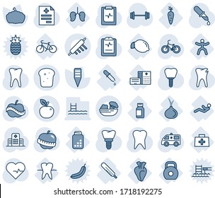 Blue tint and shade editable vector line icon set - plant label vector, pumpkin, heart pulse, diagnosis, dropper, ambulance car, barbell, bike, tooth, caries, implant, clipboard, diet, hospital