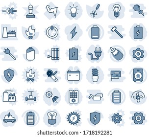 Blue tint and shade editable vector line icon set - bulb vector, ripper, fire, power hand, speaker, battery, low, rca, protect, factory, plug, remote control, energy saving, sun panel, gear, pawn