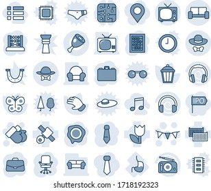 Blue tint and shade editable vector line icon set - tv vector, vip waiting area, gloves, flag garland, office chair, case, abacus, tie, stamp, glove, butterfly, garden light, stomach, satellite, ham