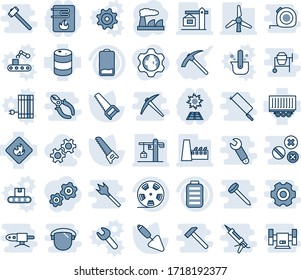 Blue tint and shade editable vector line icon set - factory vector, trowel, saw, truck trailer, flammable, oil barrel, reel, battery, low, windmill, crane, gear, water heater, sun panel, hard work