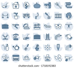Blue tint and shade editable vector line icon set - fence vector, garden fork, farm, ladder, seedling, tree, watering can, wheelbarrow, pruner, glove, lawn mower, butterfly, house, sun, well, hose