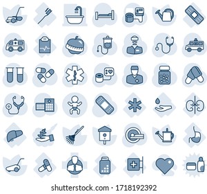 Blue tint and shade editable vector line icon set - baby vector, rake, watering can, lawn mower, bird house, stethoscope, blood pressure, test vial, dropper, pills, bottle, patch, tomography, car