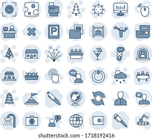 Blue tint and shade editable vector line icon set - dispatcher vector, parking, reception, globe, shower, baggage room, christmas tree, snowfall, firework, pen, meeting, manager place, seedling