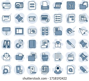 Blue tint and shade editable vector line icon set - ticket vector, gift, office binder, document search, notepad, drawing pin, reload, contract, plant label, receipt, folder, paper, calendar, news