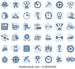 Blue tint and shade editable vector line icon set - pedestal vector, barbell, bike, run, floor scales, treadmill, gymnastics, abdominal muscles, basketball ball, heavy, stopwatch, clock, target, job