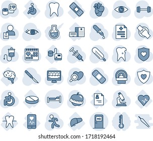 Blue tint and shade editable vector line icon set - bed vector, medical room, monitor pulse, diagnosis, syringe, blood pressure, dropper, thermometer, heart diagnostic, microscope, scalpel, patch