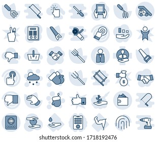 Blue tint and shade editable vector line icon set - passport vector, ladder car, christmas glove, snowfall, gloves, handshake, document, garden fork, farm, saw, heart hand, power, drop, client, up