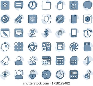 Conjunto de iconos de línea vectorial editable en tonos azules - vector móvil, respaldo de teléfono, menú, mensaje, cámara, usuario, calculadora, reloj, alarma, cronómetro, campana, correo, escáner, sd, sim, red, carpeta, notas