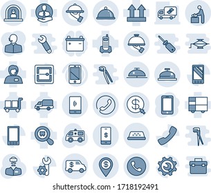 Blue tint and shade editable vector line icon set - phone vector, reception, taxi, client bell, baby room, mobile, ambulance car, doctor, office, support, delivery, consolidated cargo, up side sign