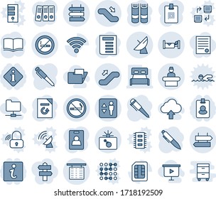 Blue tint and shade editable vector line icon set - elevator vector, no smoking, signpost, bomb in case, reception, flight table, satellite antenna, escalator up, down, sign, post, hotel, book, pen