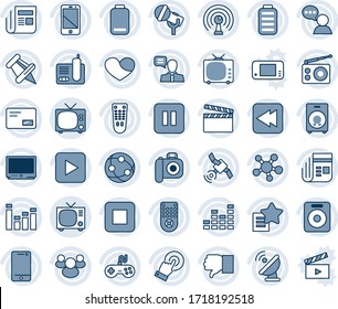 Blue tint and shade editable vector line icon set - tv vector, satellite antenna, clapboard, camera, microphone, radio, news, gamepad, equalizer, remote control, network, cell phone, touch screen