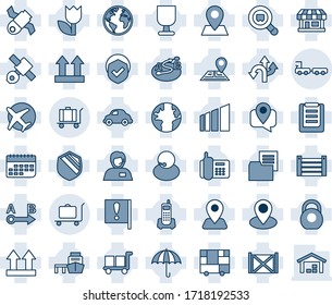 Blue tint and shade editable vector line icon set - baggage trolley vector, truck, route, navigation, earth, pin, important flag, store, plane, satellite, office phone, support, mobile tracking