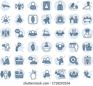 Blue tint and shade editable vector line icon set - male vector, reception, passport control, metal detector gate, vip, meeting, manager place, pregnancy, treadmill, push ups, disabled, speaker, hr